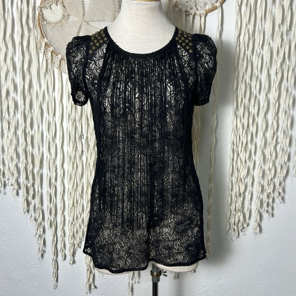 3.1 Phillip Lim Tops - Phillip Lim 3.1 Black Lace and Fringe Short Sleeve Blouse Size 2